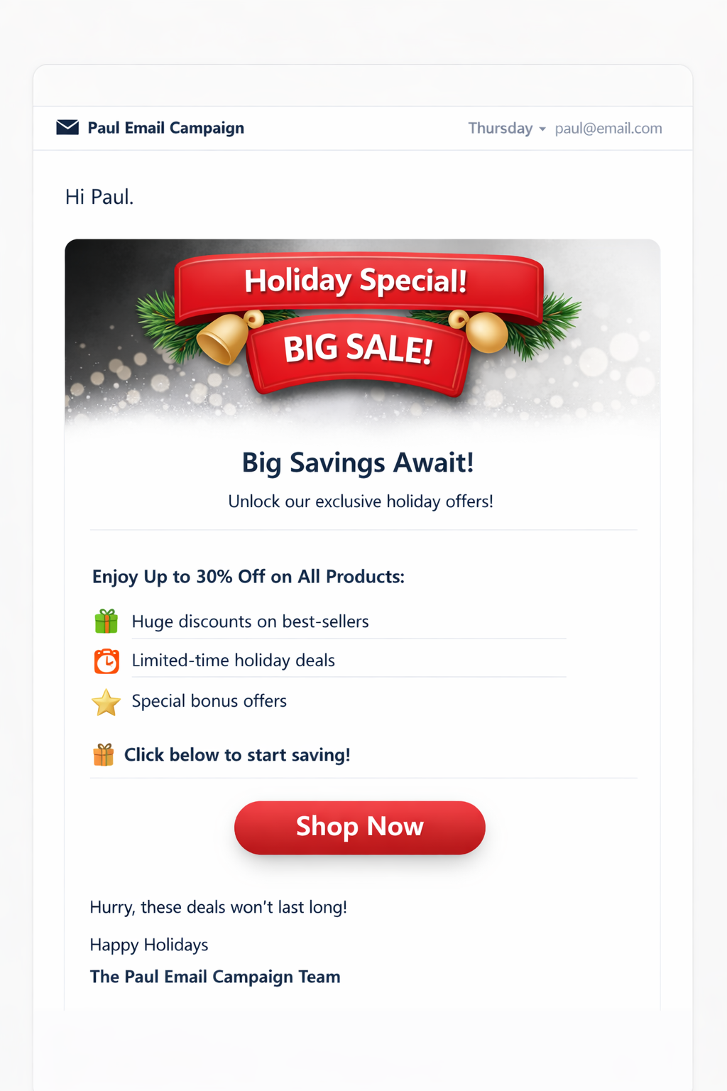 Holiday promo email screenshot